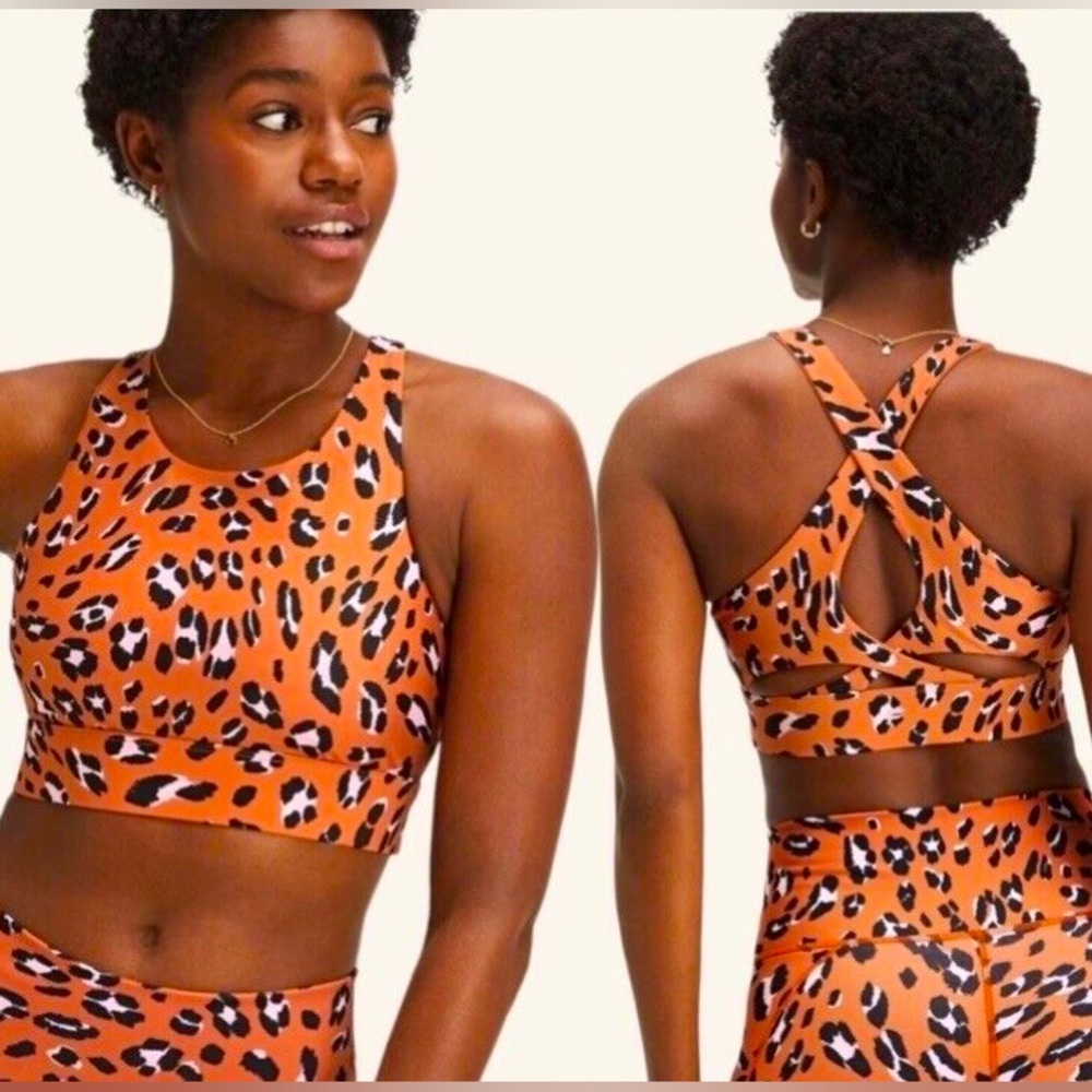 Fabletics No Bounce Sports Bra Burnt Ochre Wavy Leo Size 2 X EUC